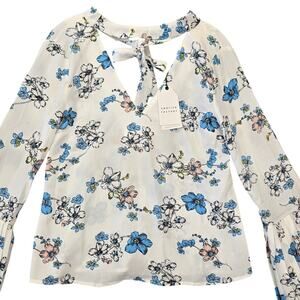 English Factory White Blue Floral Shirt NEW Long Bell Sleeves Tie Women's S Top